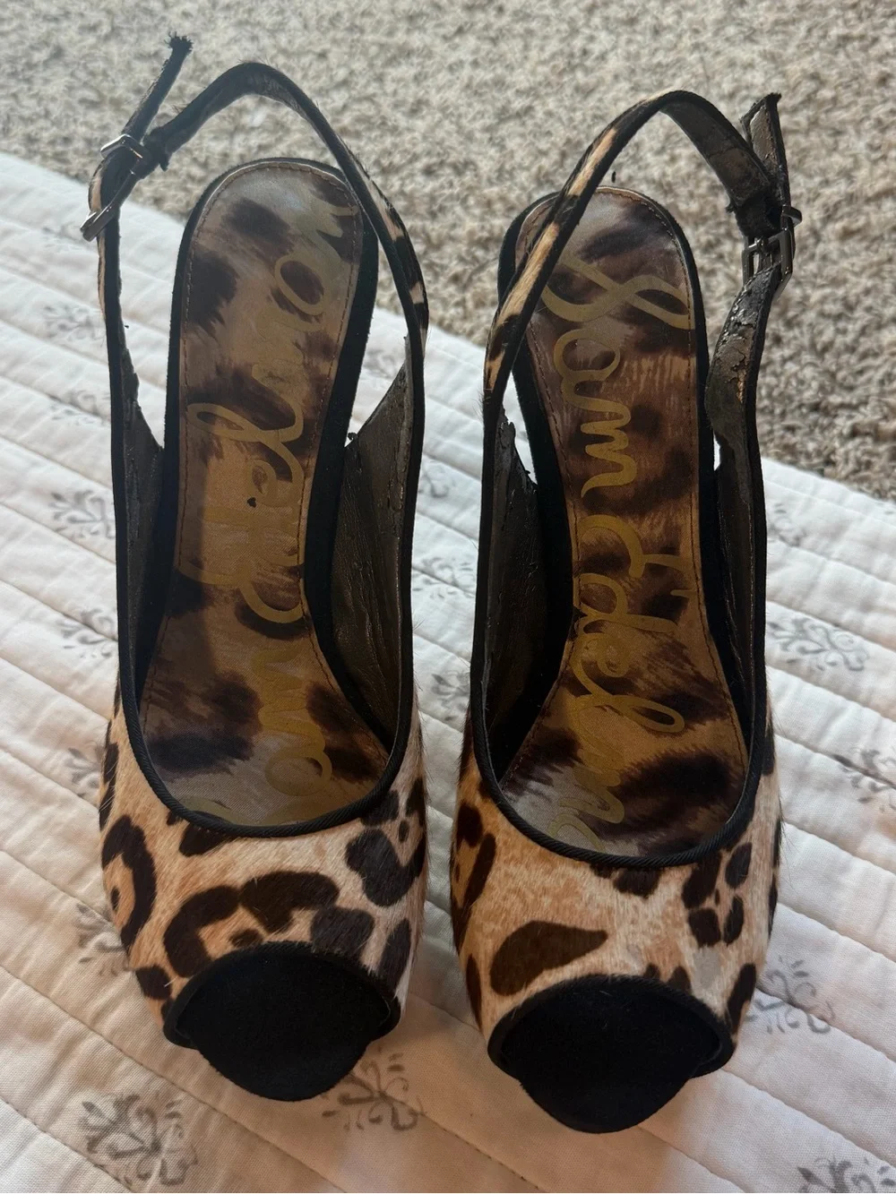 Sam Edelman Leopard Calf Hair Platform Slingback Heels Size 7 Peep Toe